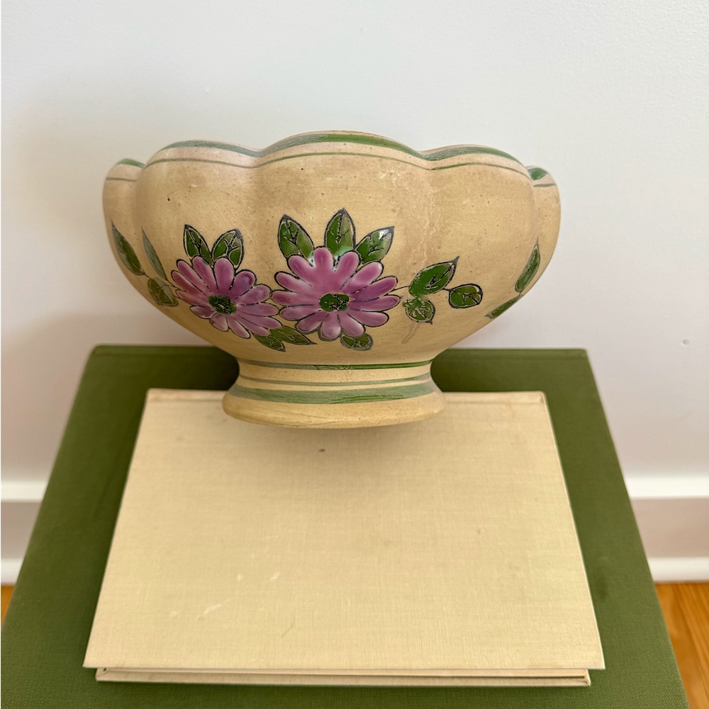 Vintage AAA imports footed pottery with purple glazed flowers